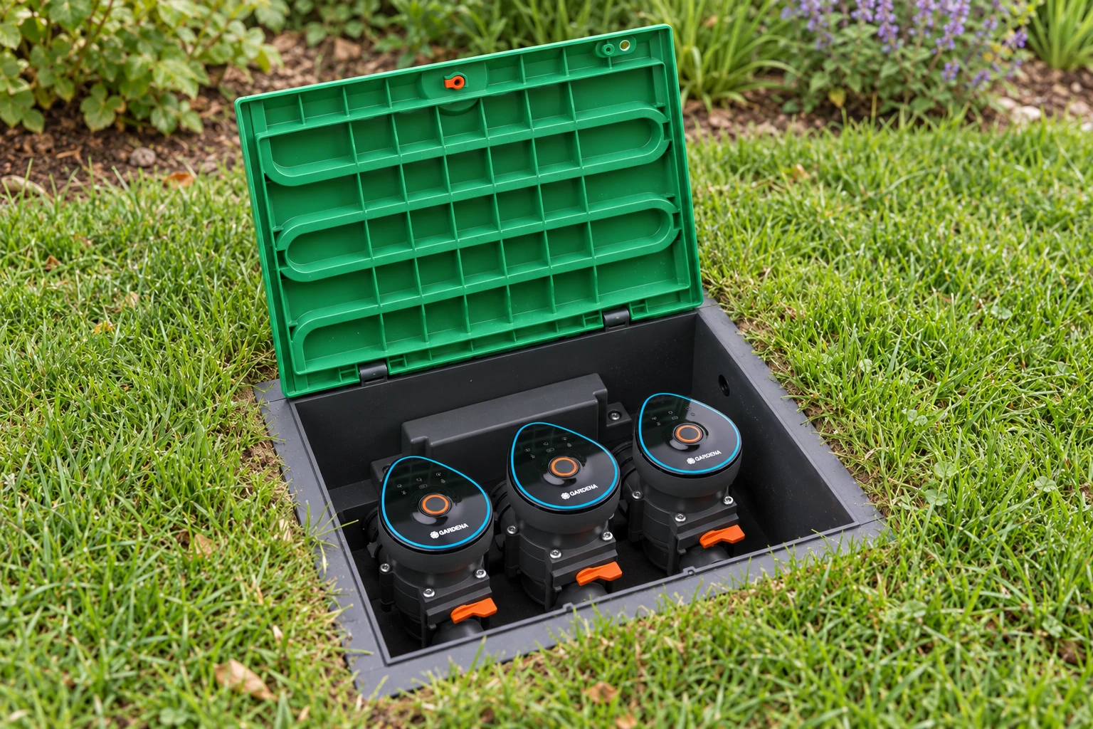 KI-generierte Darstellung einer geöffneten GARDENA V3-Ventilbox mit drei 9-V-Bluetooth-Steuerköpfen.