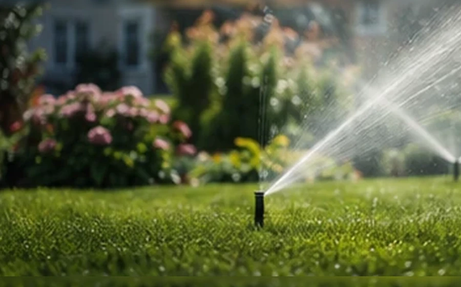 Regner einer Bewässerungsanlage im gepflegten Garten