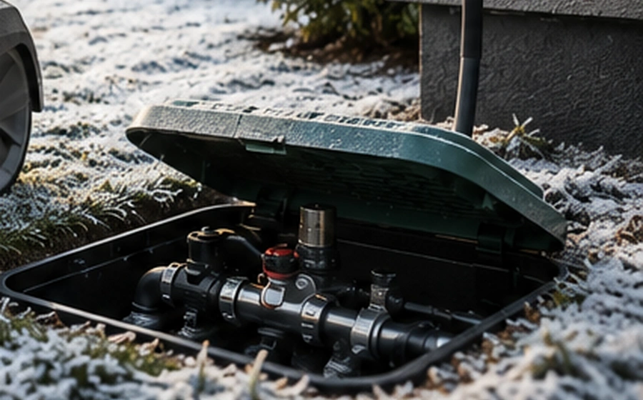 Bewässerungstechnik und Ventilbox in winterlicher Umgebung
