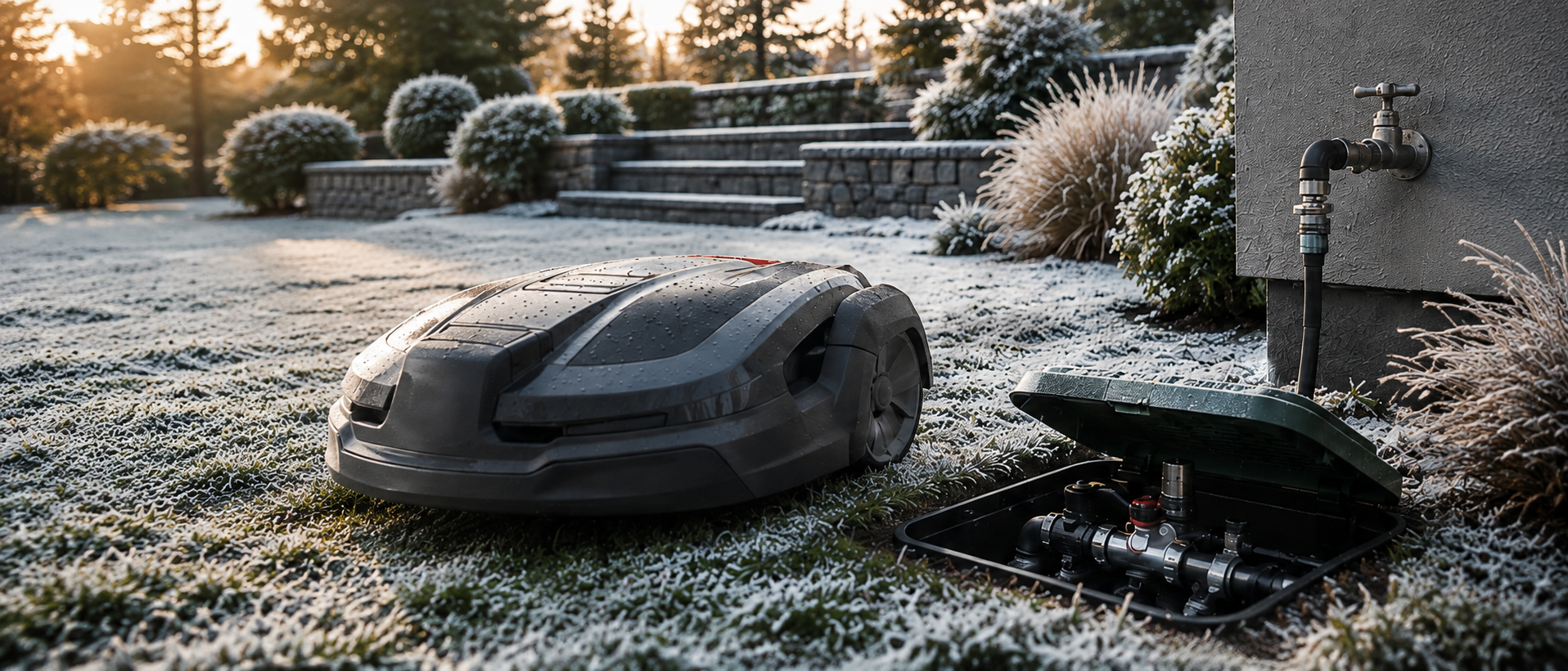 Mähsystem und Bewässerungstechnik in einem leicht frostigen Garten