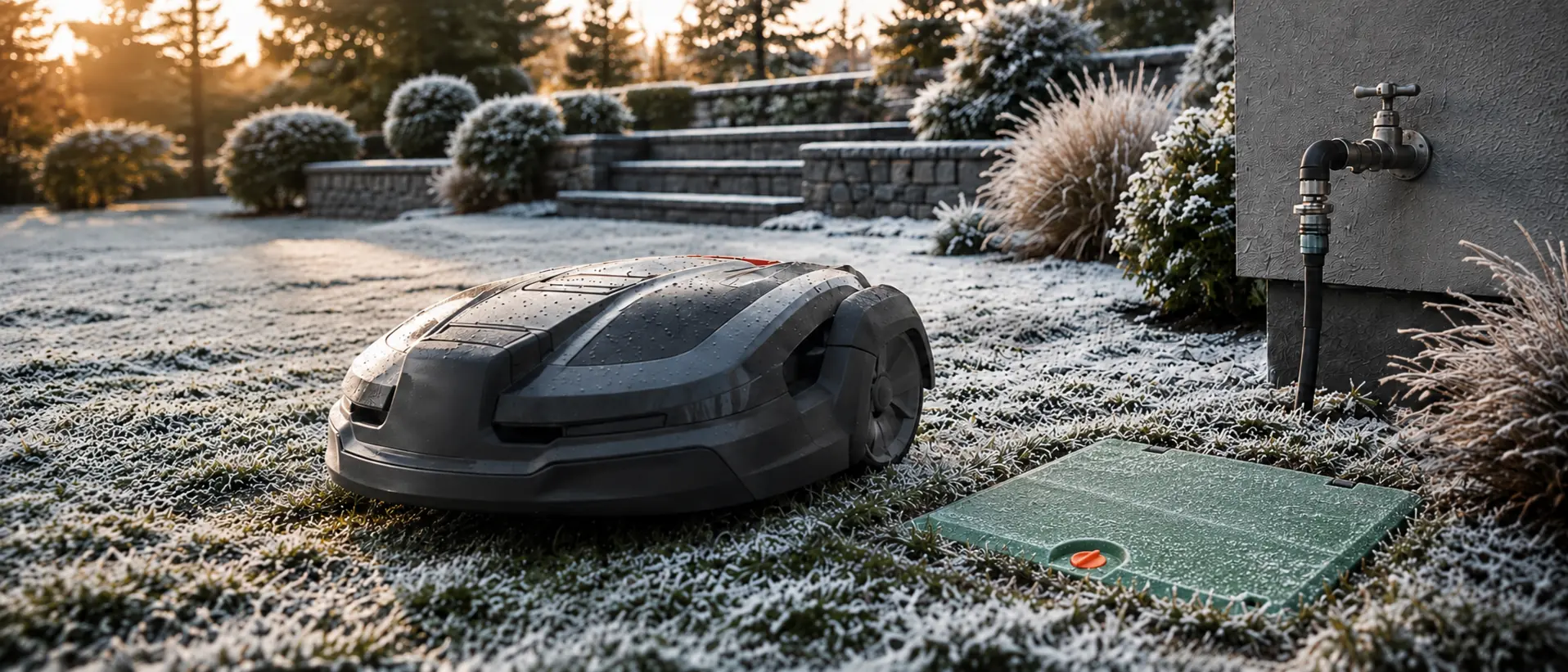 Mähsystem und Bewässerungstechnik in einem leicht frostigen Garten